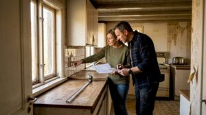 Couple inspecting fixer-upper living room
