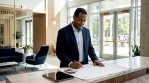 Man reviewing commercial renovation plans