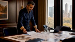 Property manager reviewing renovation plans