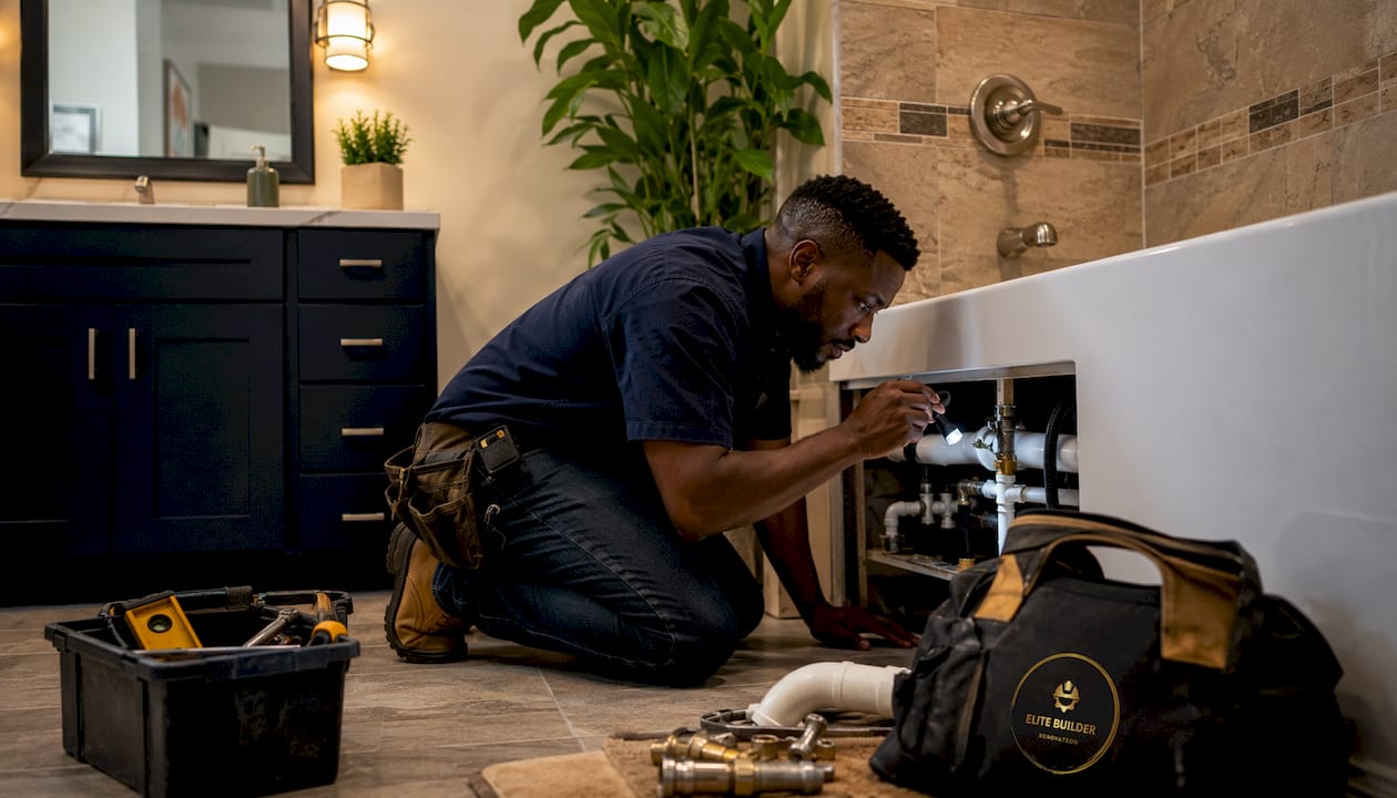 Contractor inspecting bathroom plumbing