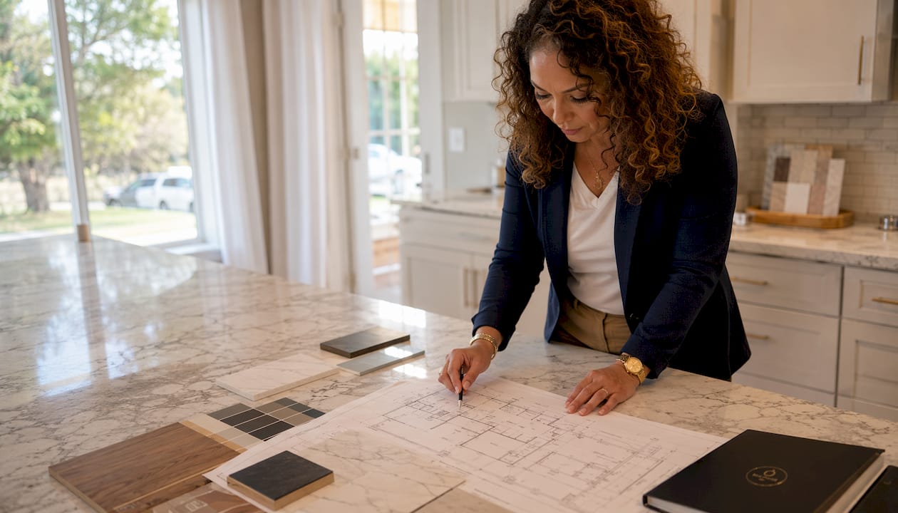 Woman reviewing kitchen remodel blueprints