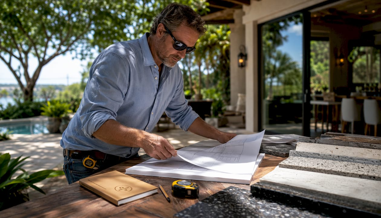 Contractor reviewing quartz plans in Tampa kitchen