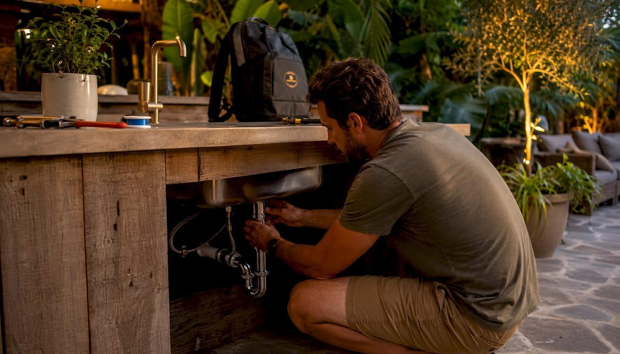 Man installing sink in home wet bar