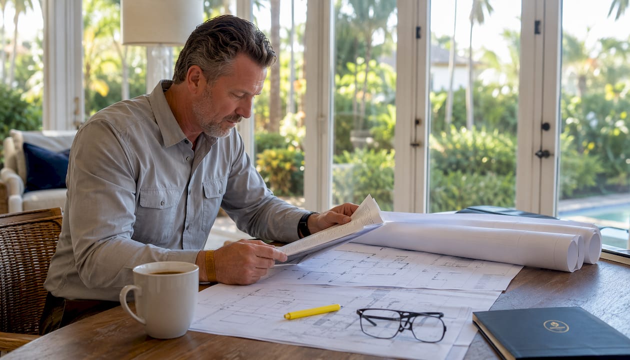Contractor reviewing remodeling plans and regulations