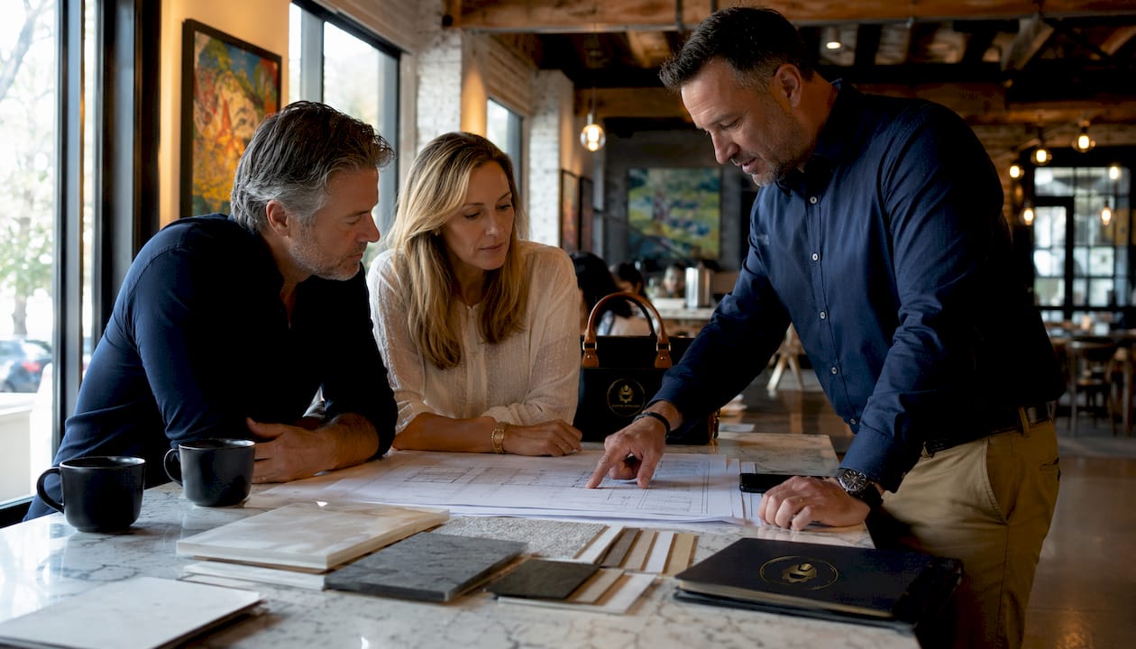 Couple consulting contractor with kitchen blueprints
