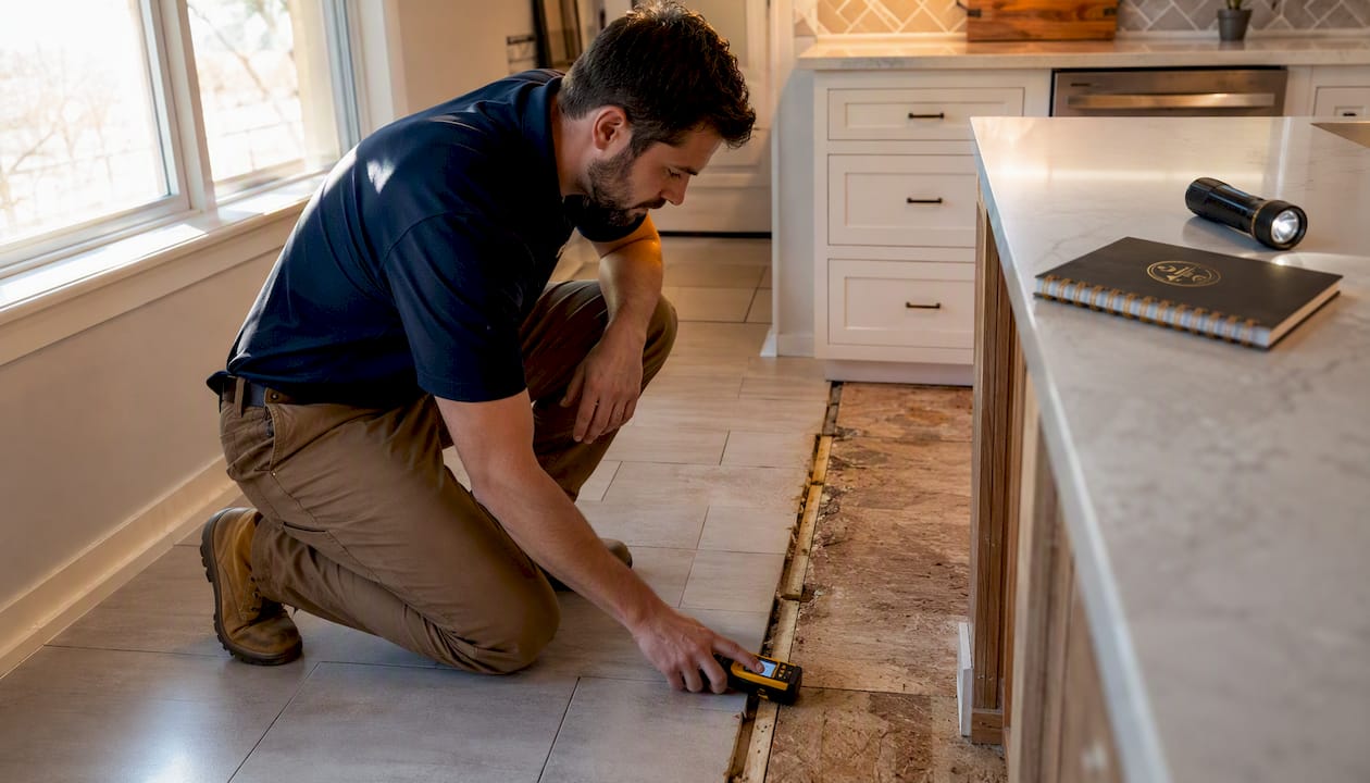 Inspector measuring moisture in exposed subfloor