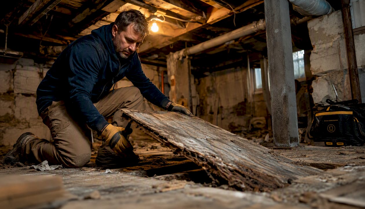 Worker removing damaged subfloor panel safely