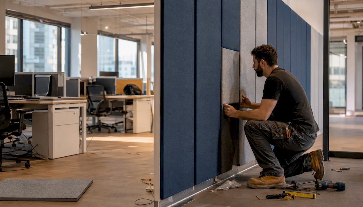 Technician installing acoustic panels in zoned office