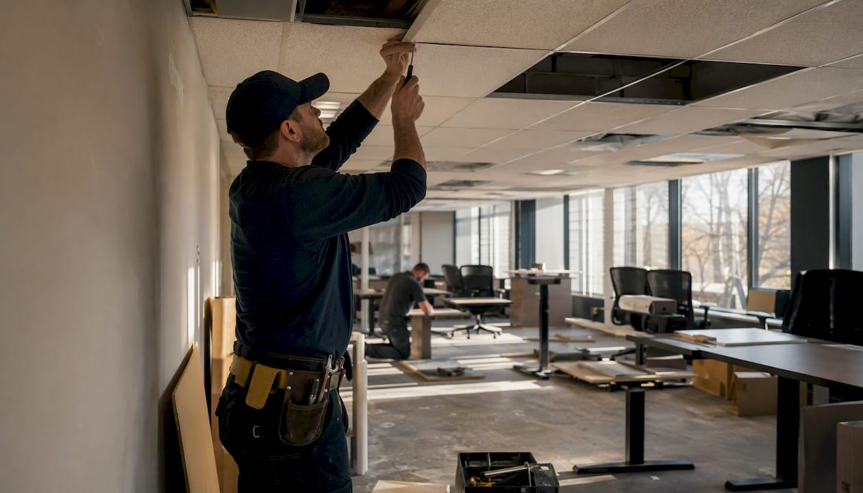 Contractor installing acoustic panel in office renovation