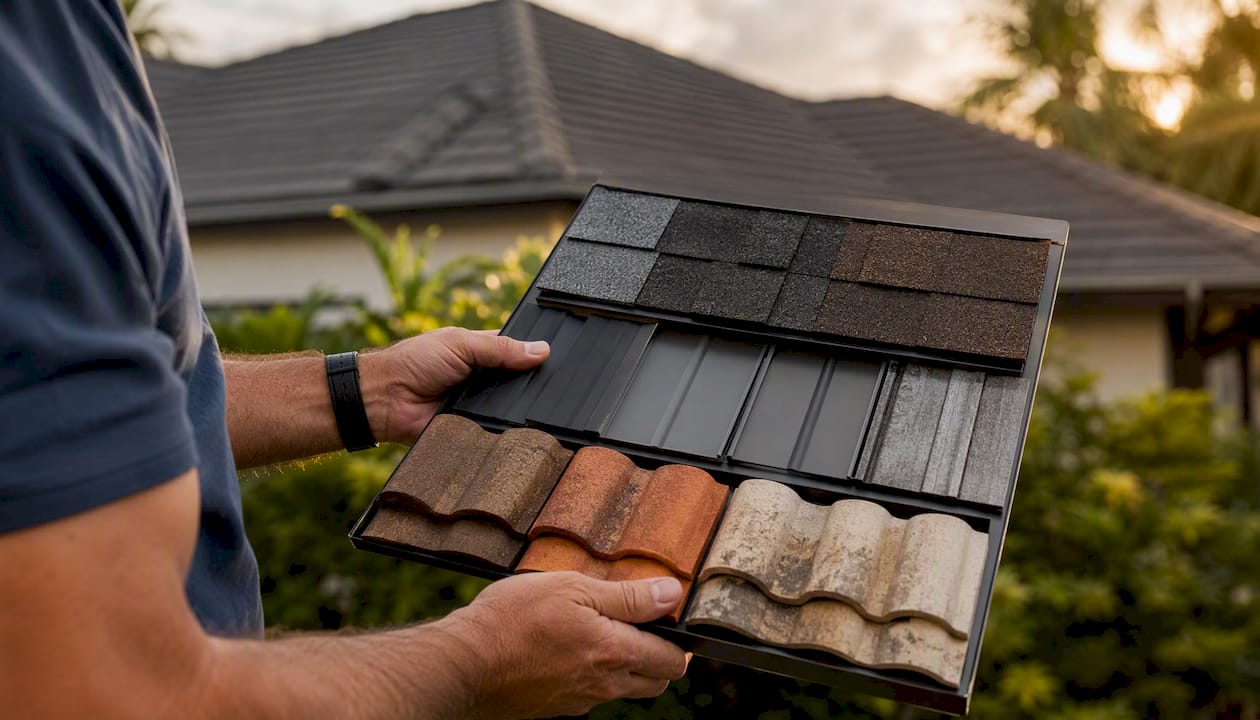 Close-up of roofing material samples outdoors
