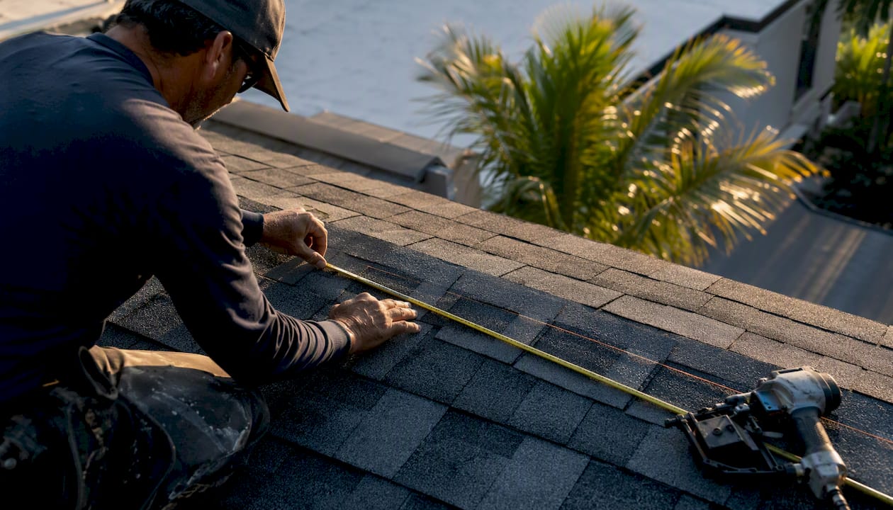 Contractor measuring new roof shingles