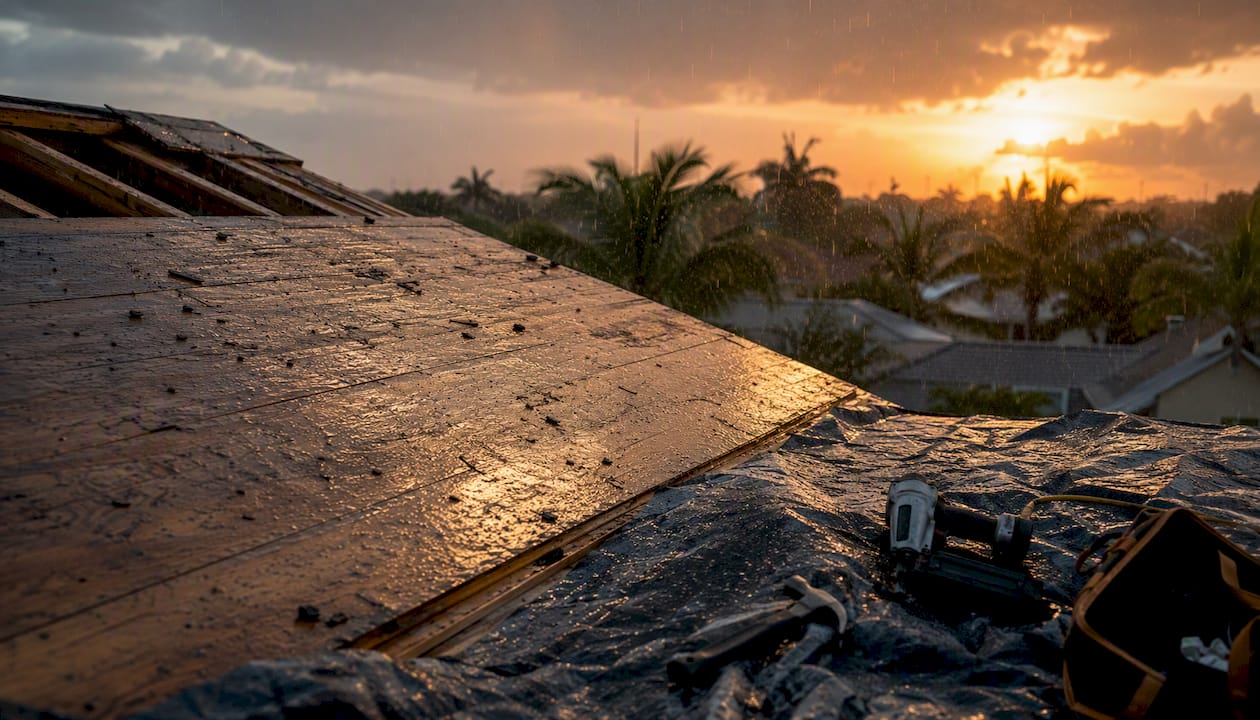 Wet roof decking during Tampa rainy season