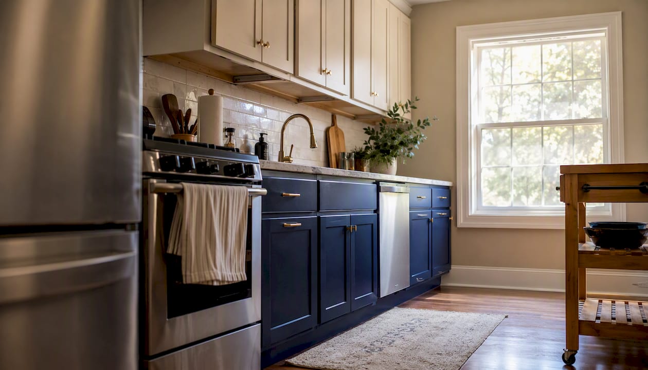 Single-wall kitchen layout with rolling cart