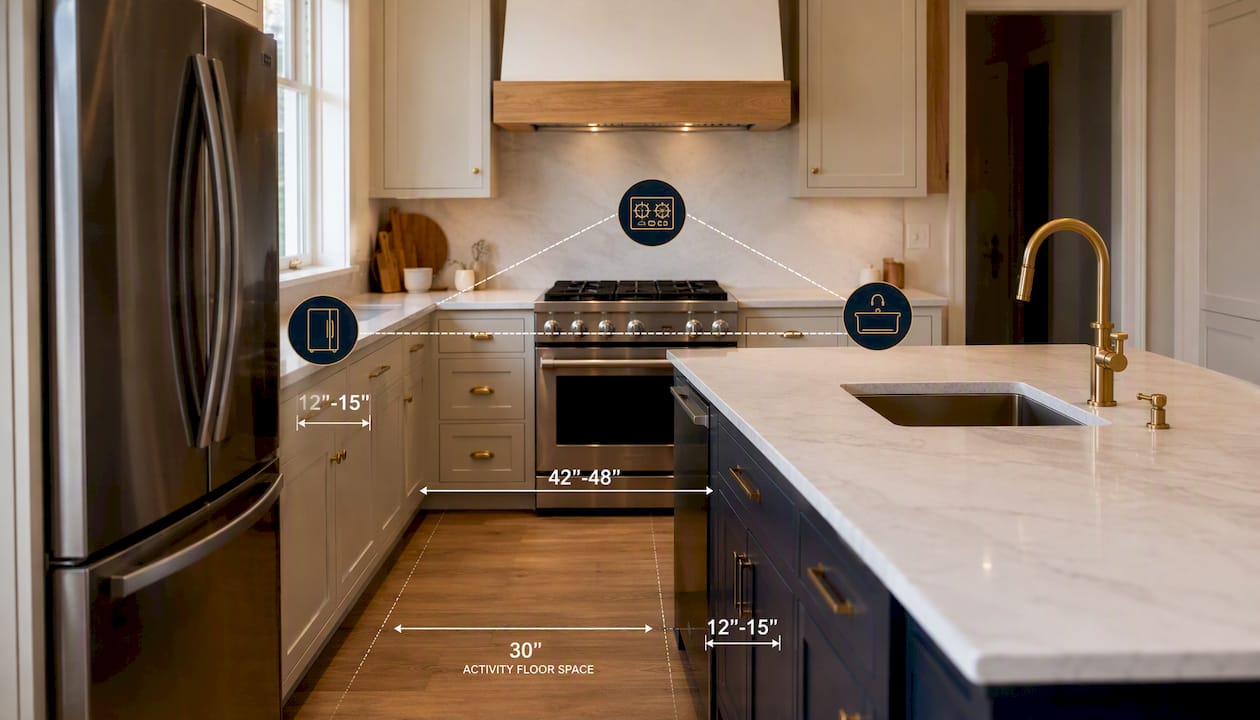 Diagram of kitchen clearance and work triangle measurements