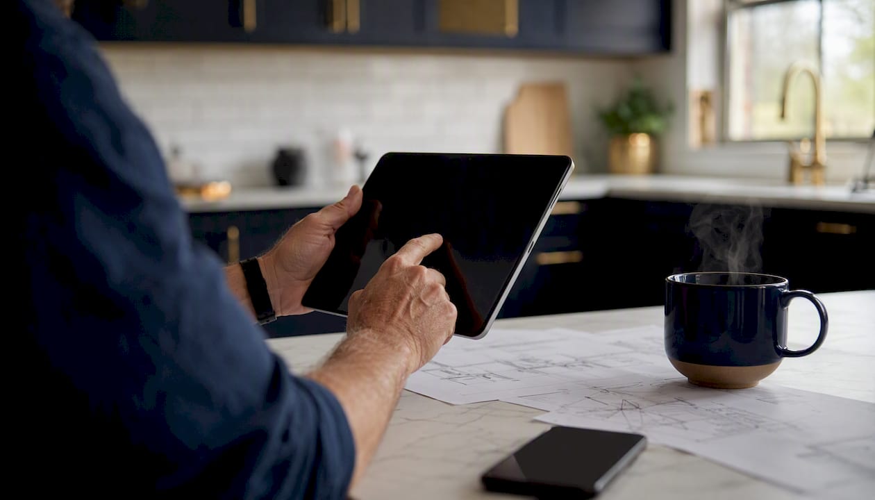 Hands holding a tablet near kitchen cabinetry