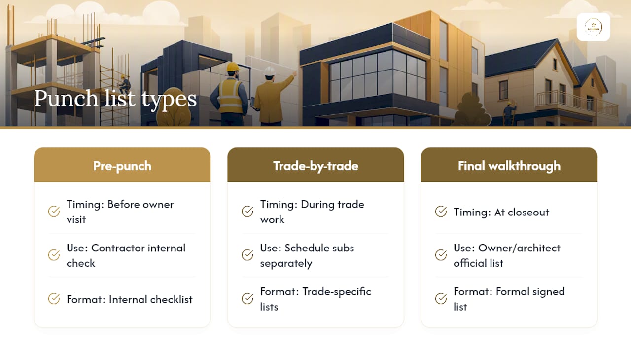 Diagram comparing punch list types and their characteristics