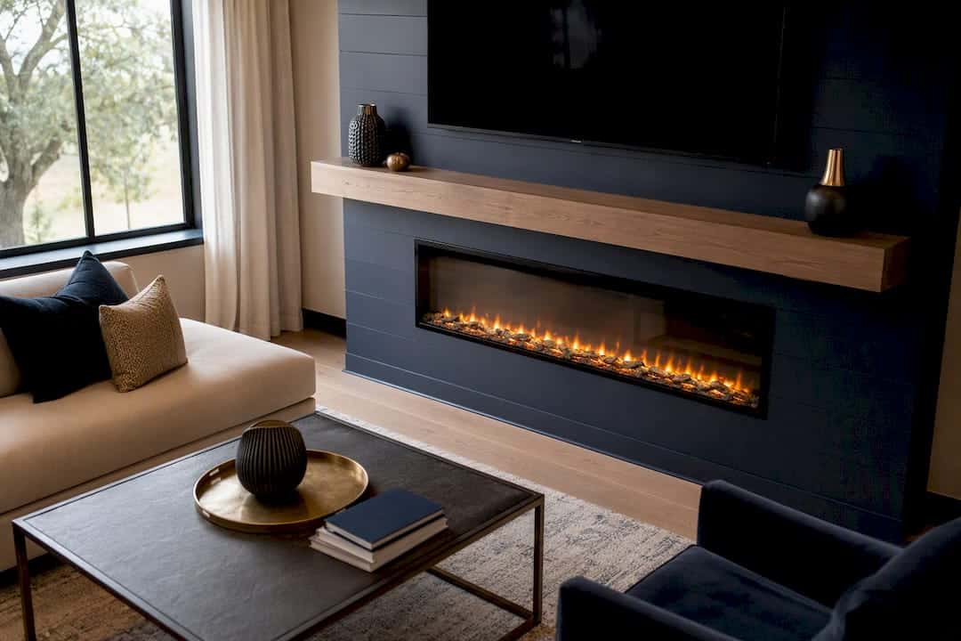 Electric fireplace with TV mounted above in a stylish modern living room