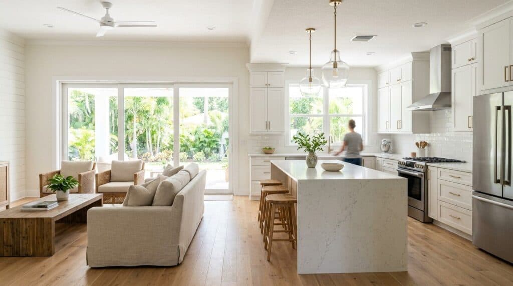 Bright modern kitchen with white cabinets and a spacious living area.