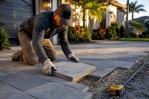 Paver installer laying concrete pavers for driveway in Tampa.