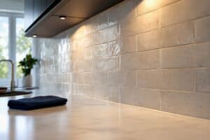 Elegant beige subway tile backsplash in contemporary kitchen.