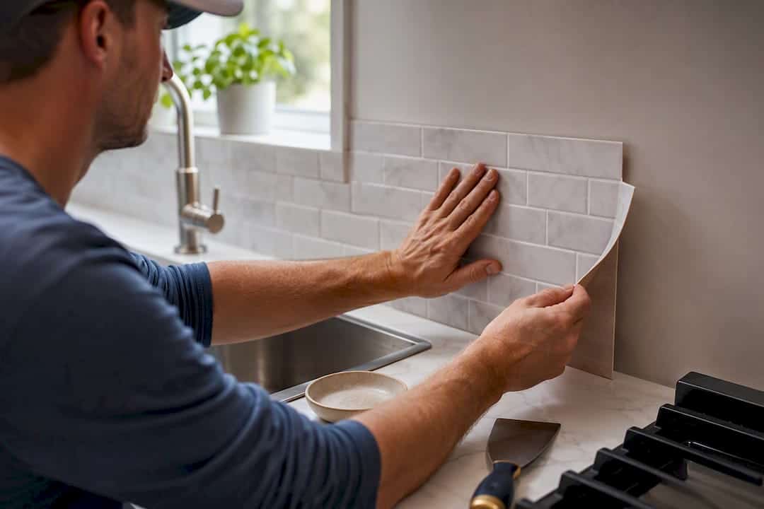 Peel-and-stick tile beside kitchen sink