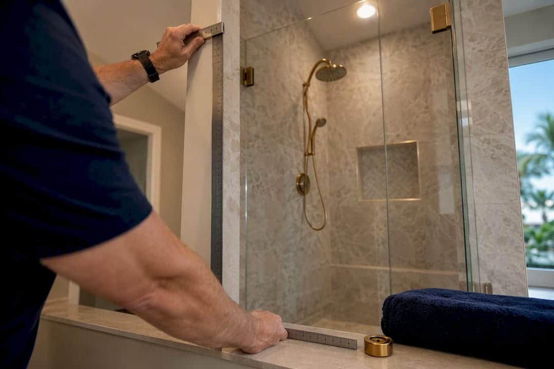Glazier measuring finished shower opening