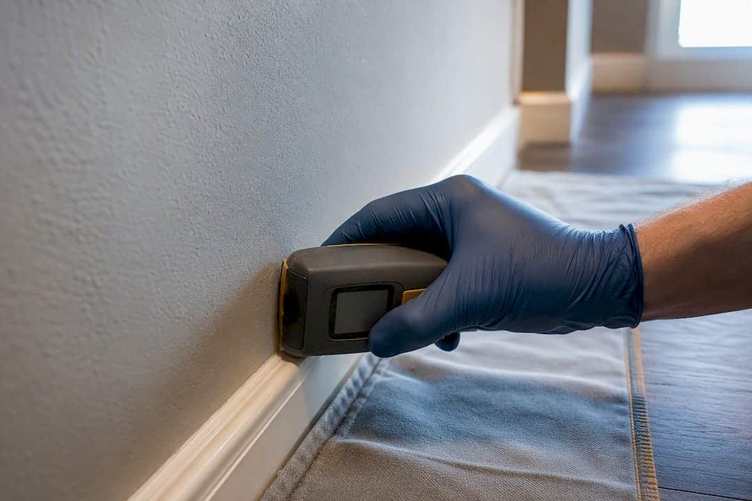 Technician checking drywall moisture after water damage