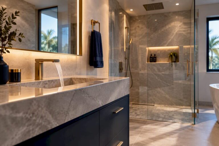 Finished bathroom with integrated smart fixtures