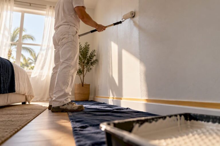 Painter applying low-VOC paint in a bright bedroom