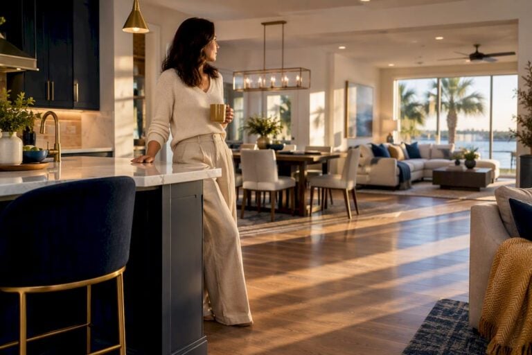 Open concept kitchen flowing into living room