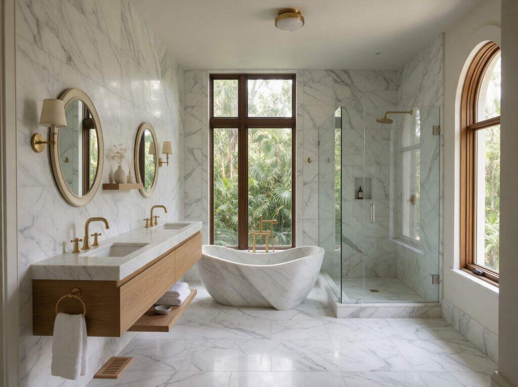 Bathroom remodeling South Tampa: a primary suite with a freestanding stone tub and a frameless glass wet room