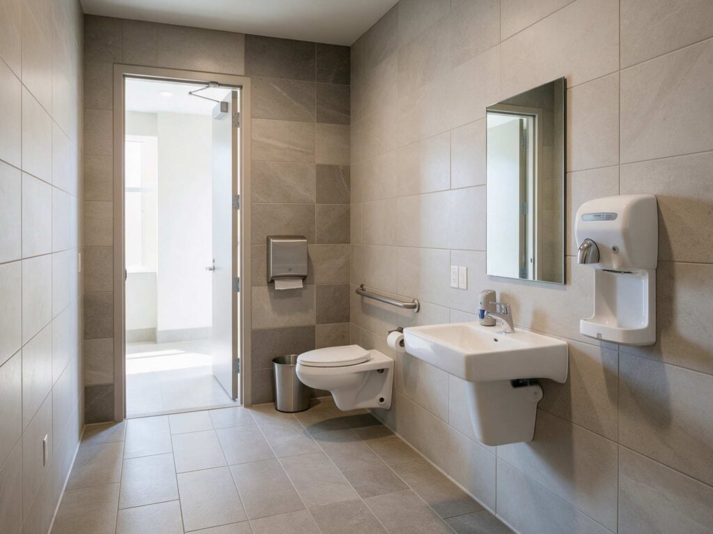 Commercial remodeling Tampa: commercial restroom built to ADA clearances with grab bars