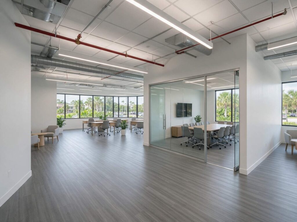 Commercial remodeling Tampa: finished office build-out with a glass meeting room