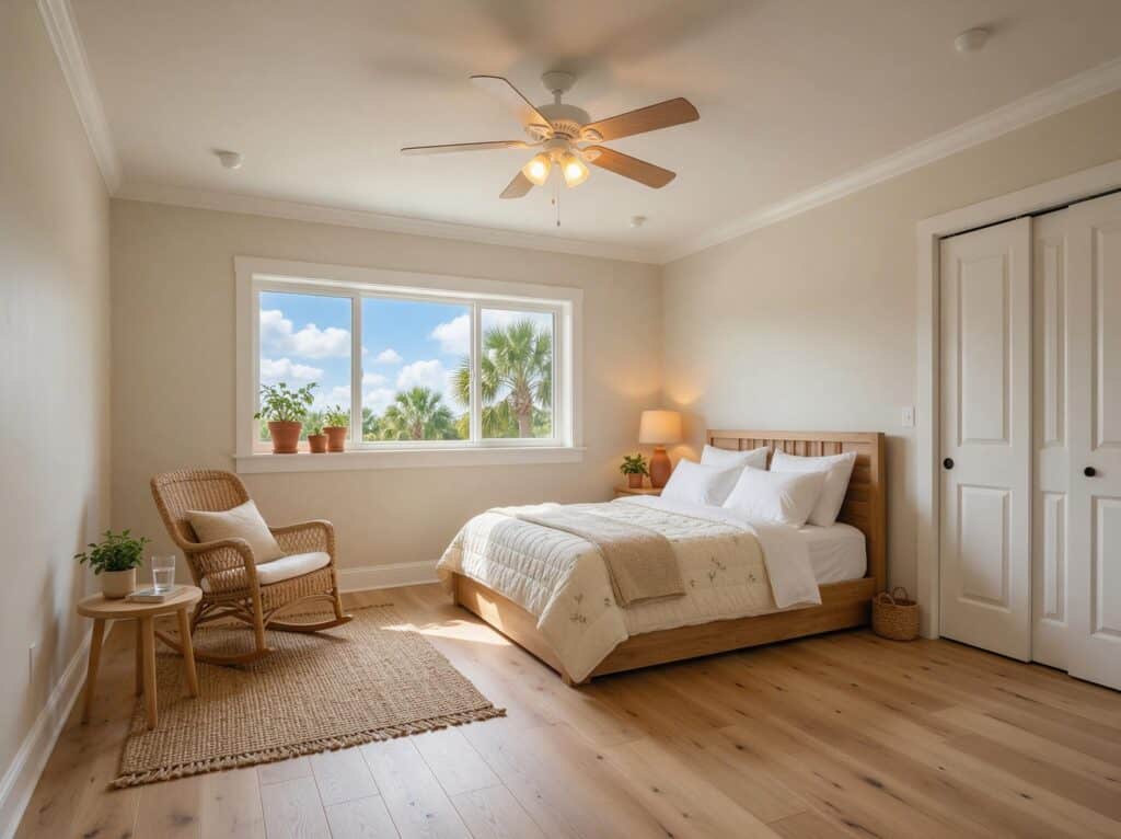 Garage conversion contractor Tampa Bay: garage converted into a guest bedroom with an egress window