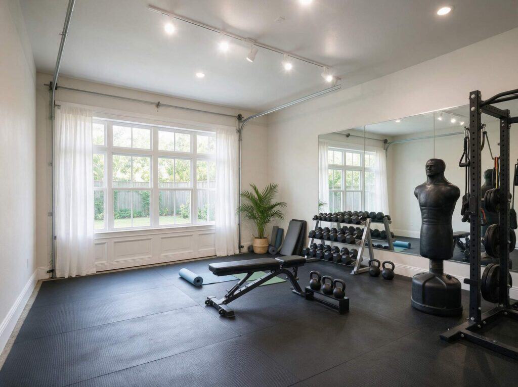 Garage conversion contractor Tampa Bay: garage converted into a home gym over a levelled slab