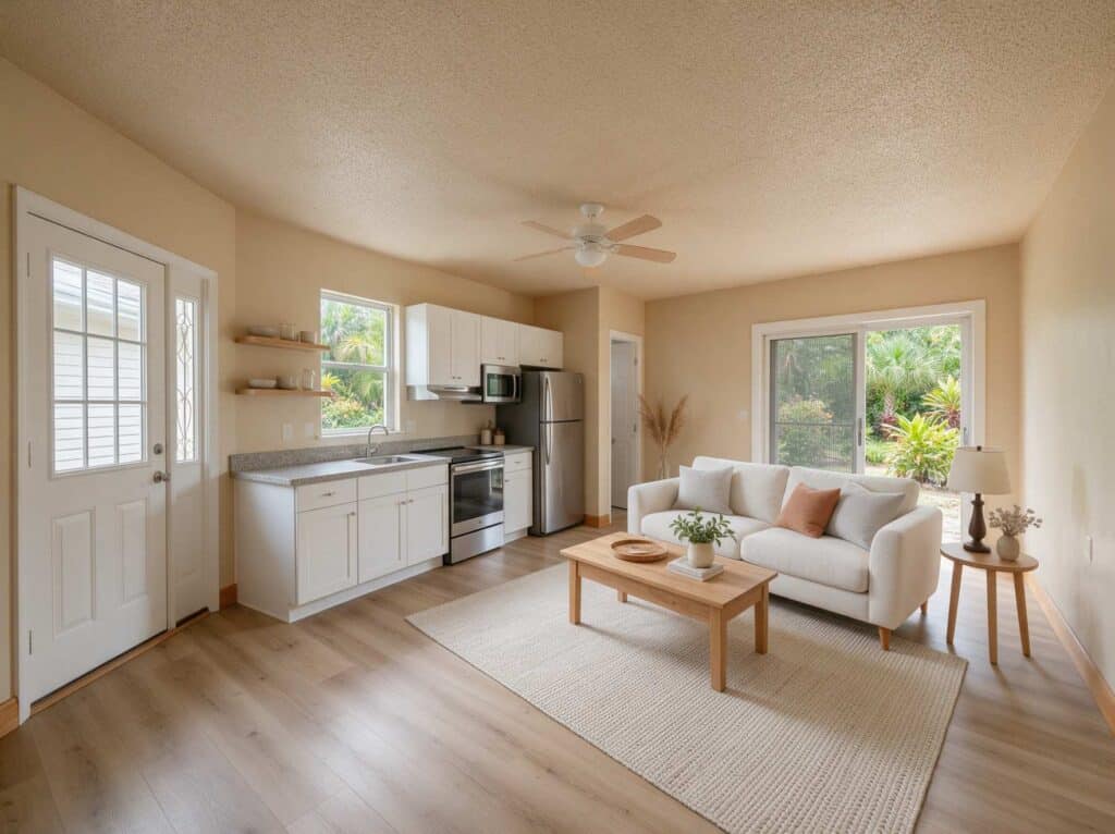 Garage conversion contractor Tampa Bay: garage converted into a studio with a kitchenette