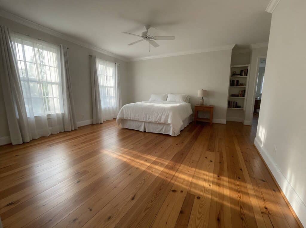 Hardwood floor installation Tampa: warm wide plank wood floor in a finished bedroom with morning light across it