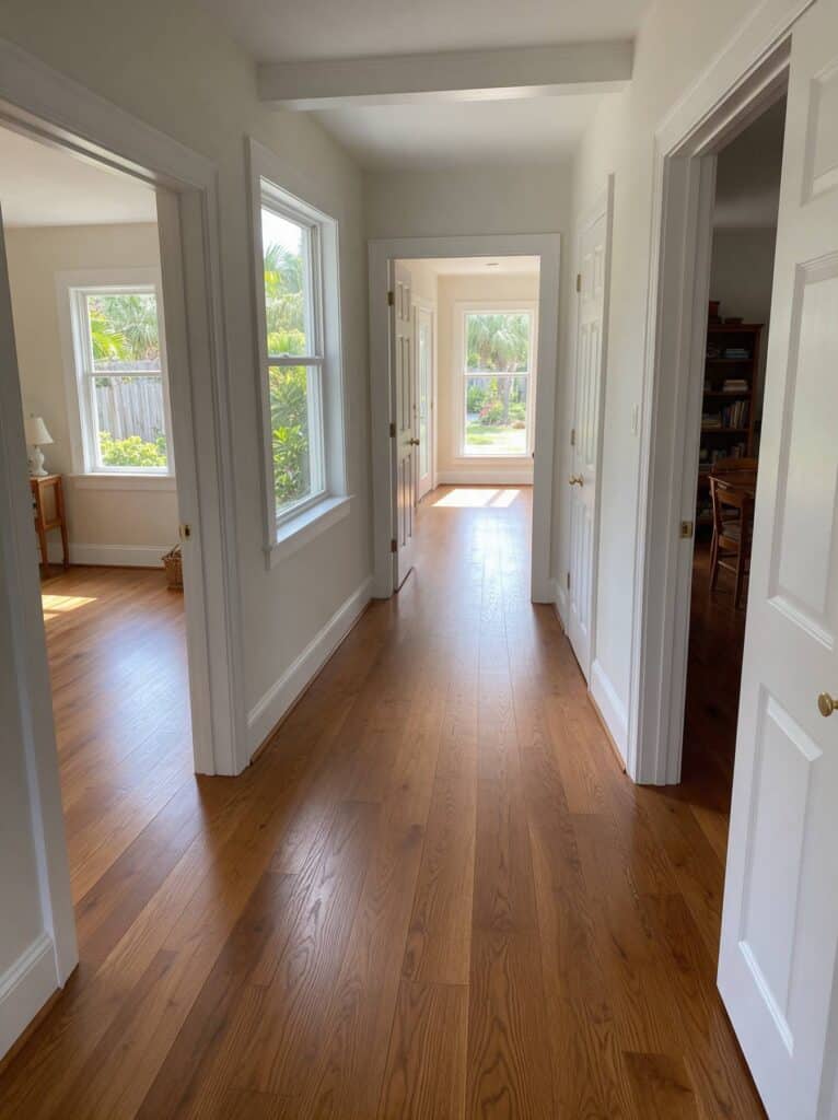 Hardwood floor installation Tampa: wood floor running down a hallway and through the doorways without a threshold strip