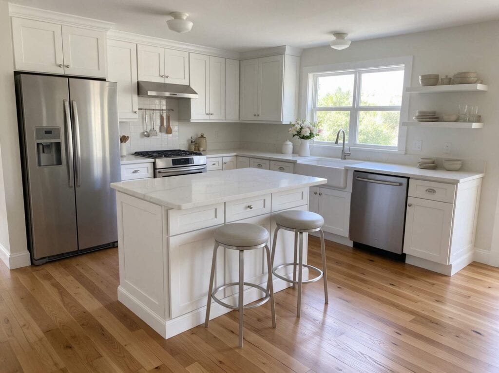 Hardwood floor installation Tampa: wood floor running under a white kitchen island with the grain showing