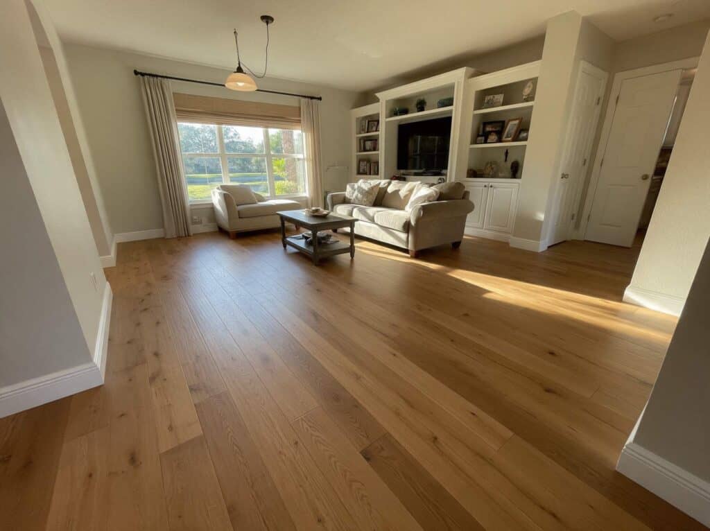 Hardwood floor installation Tampa: wide plank wood floor running wall to wall through a finished living room