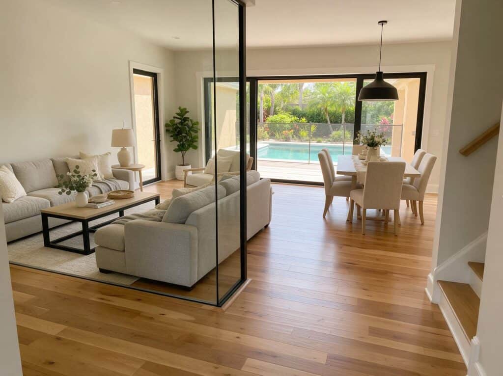 Hardwood floor installation Tampa: one wood floor carried from the living area through to the dining area