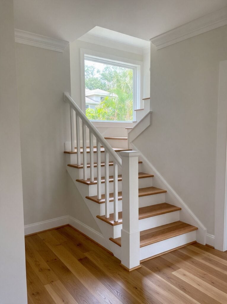 Hardwood floor installation Tampa: solid wood stair treads stained to match the floor, with white risers
