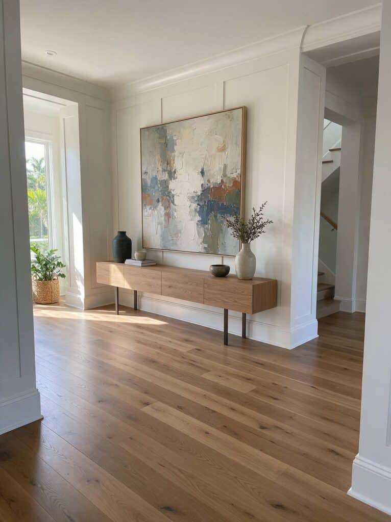 Home remodeling South Tampa: an entrance hall with wide plank oak and modern painted millwork