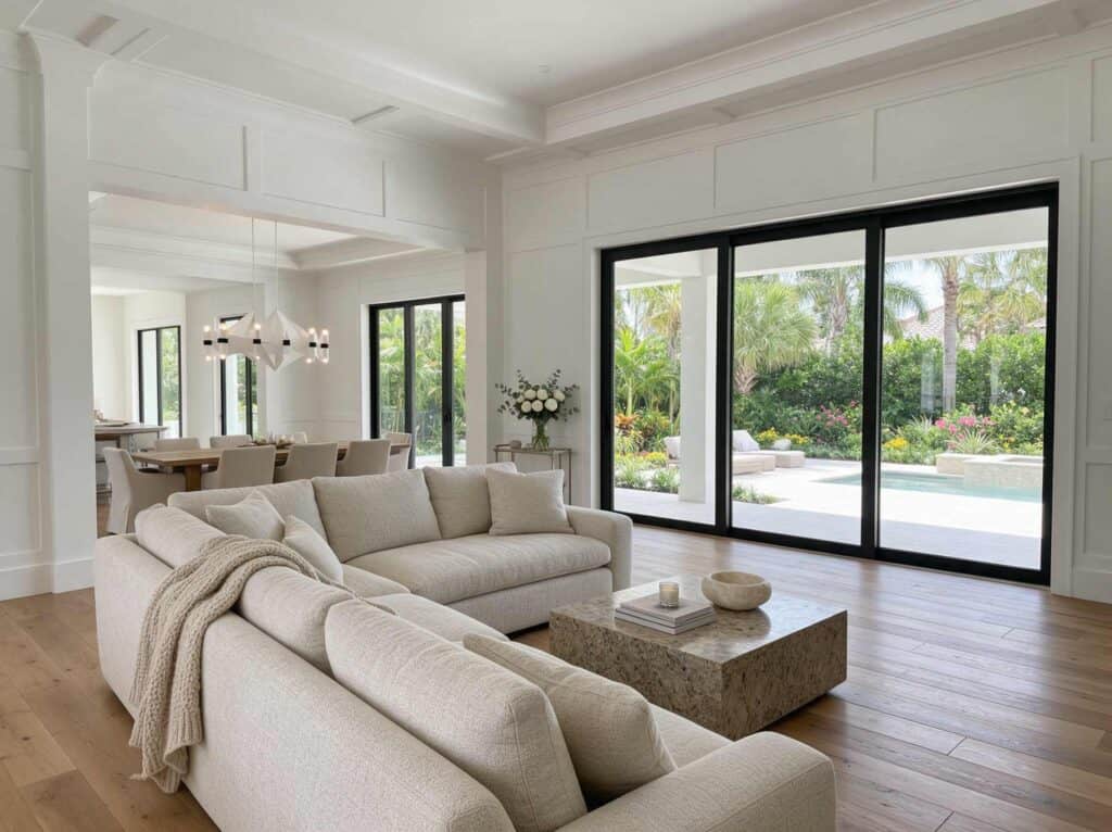 Home remodeling South Tampa: an open living space with steel framed glass doors onto a pool terrace