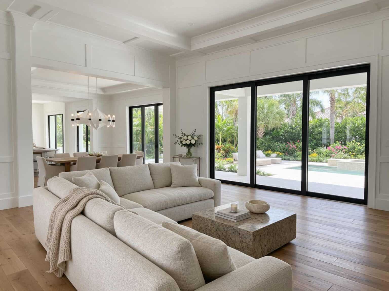 Home remodeling South Tampa: an open living space with steel framed glass doors onto a pool terrace