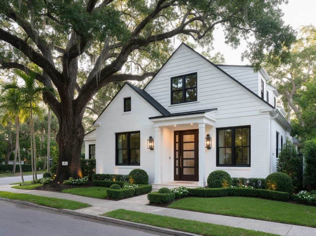 Home remodeling South Tampa: the front of a fully renovated home with black framed windows under a live oak