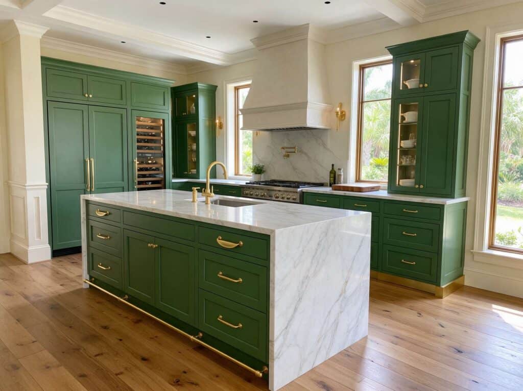 Kitchen remodeling South Tampa: a large marble waterfall island with slab cabinetry and brass hardware